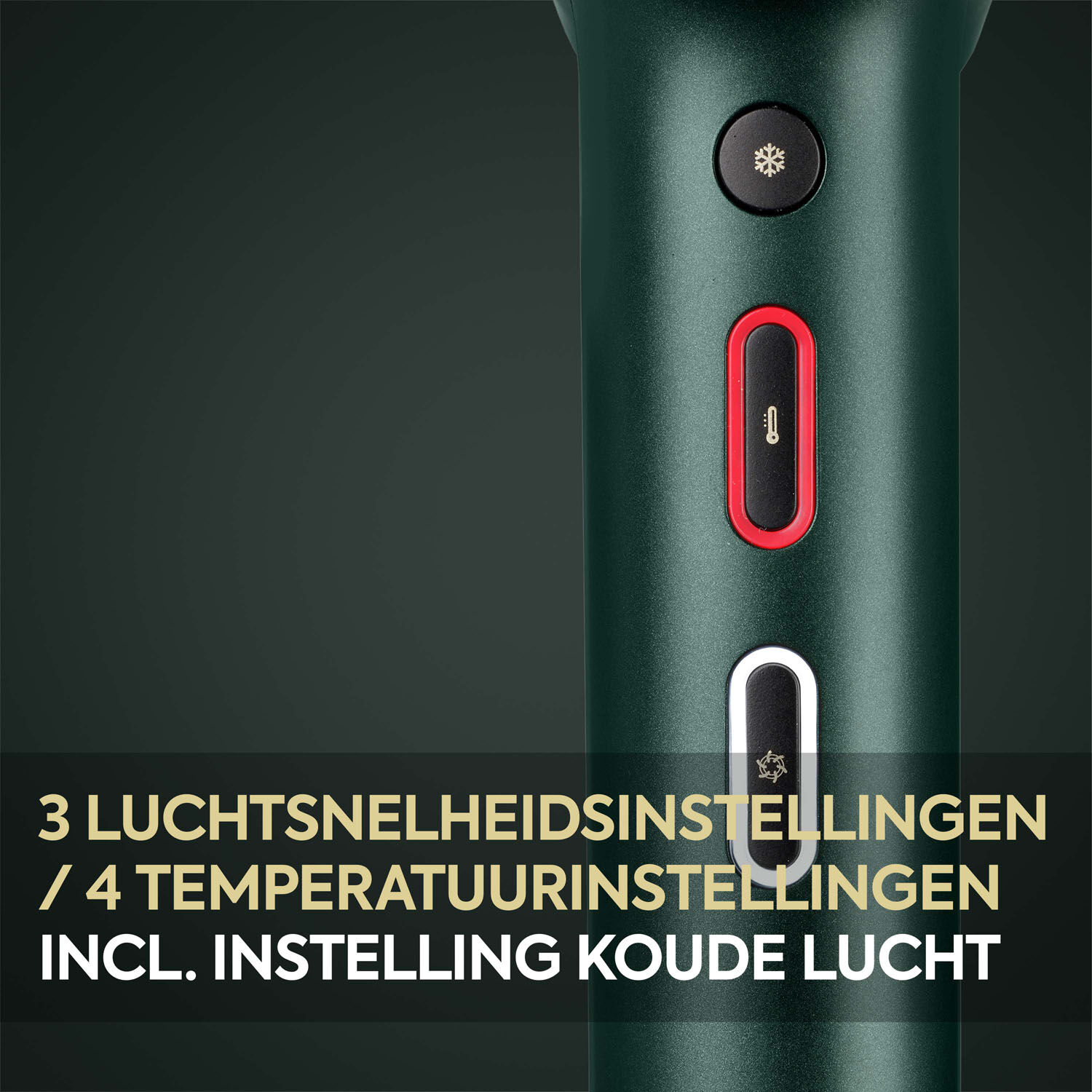 3 LUCHTSNELHEIDSINSTELLINGEN / 4 TEMPERATUURINSTELLINGEN. INCL. INSTELLING KOUDE LUCHT 
